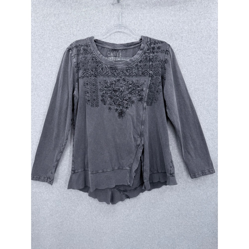 Caite Embroidered Long Sleeve Top Womens Large Gray Boho Floral Cotton Slub Knit